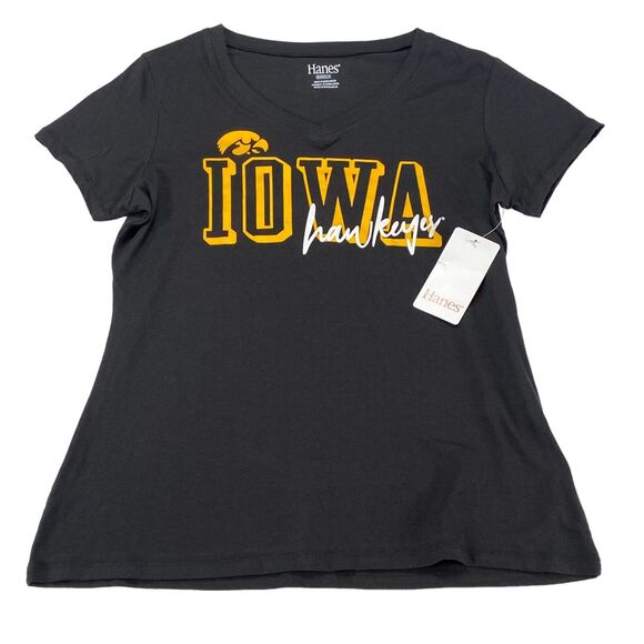 Iowa Hawkeyes Shirt Top Women's Medium Black Hanes Sports V Neck Tee Shirt - Picture 9 of 10